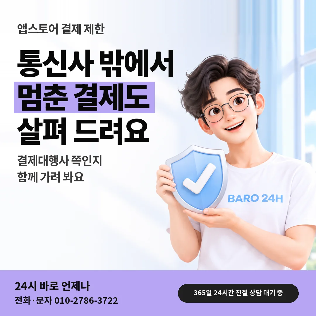 방패를 든 BARO 24H 티셔츠를 입은 3D 인물 옆에 「앱스토어 결제대행사 제한 살피기」 제목을 얹은 안내 카드