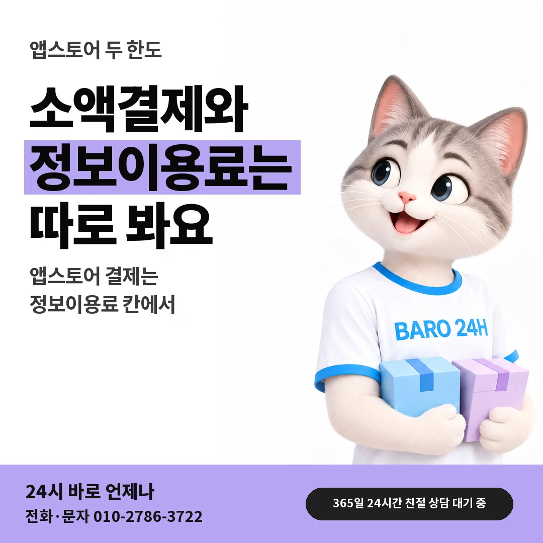 BARO 24H 티셔츠를 입은 3D 동물 캐릭터 옆에 「앱스토어 두 한도 따로 보기」 제목을 얹은 안내 카드